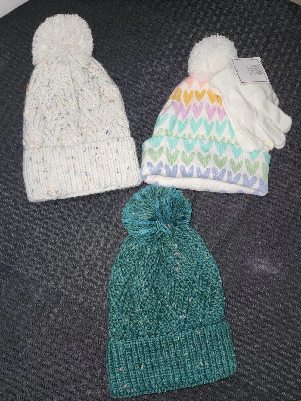Kids Winter Pom Beanie Hat - Cream, Multicolor Heart, Teal
